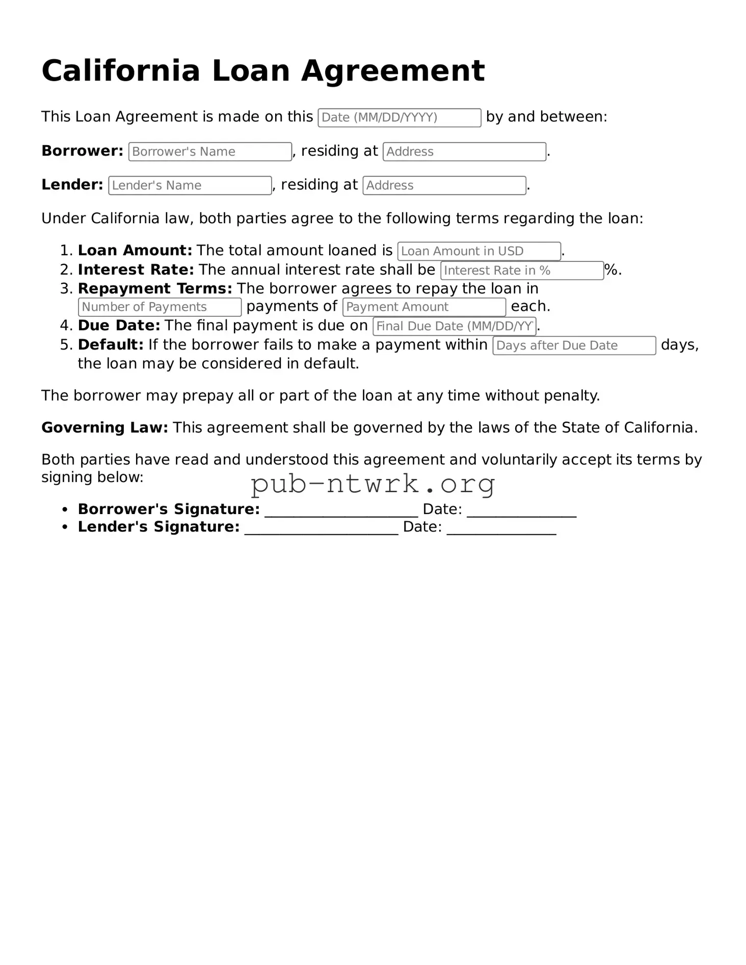 Free California Loan Agreement Form