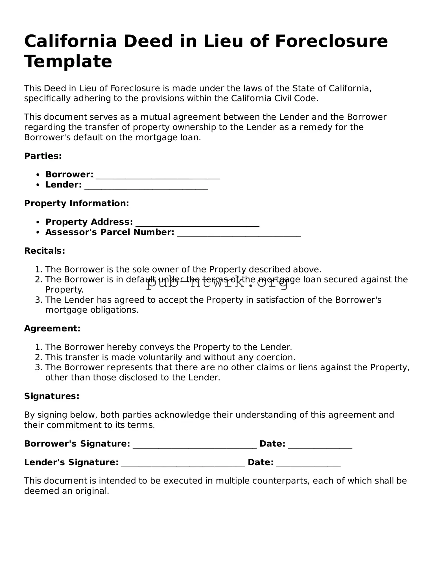 Free California Deed in Lieu of Foreclosure Form