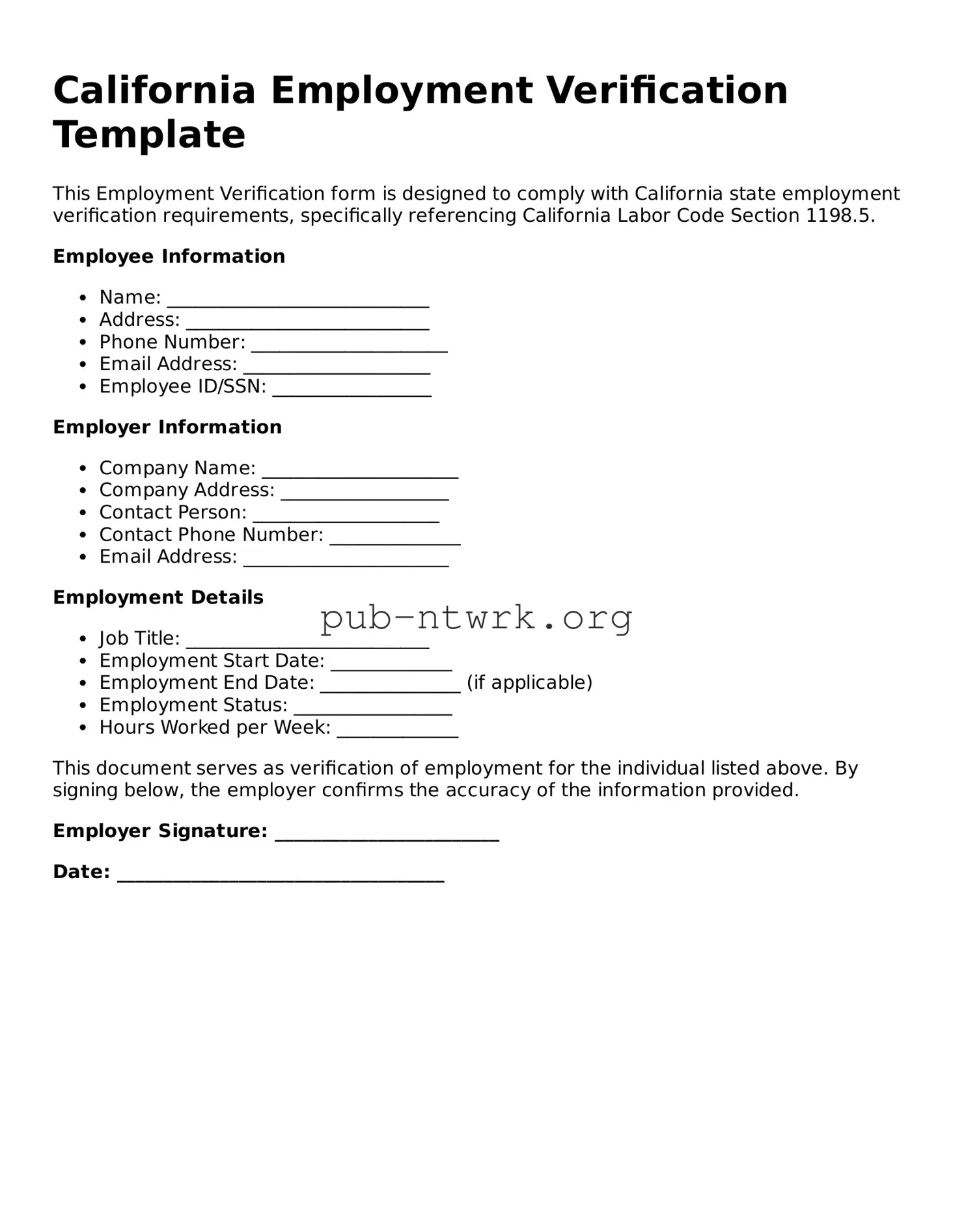 Free California Employment Verification Form