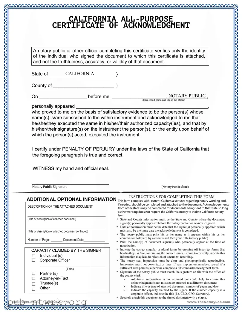 Blank California Acknowledgement Certificate PDF Form