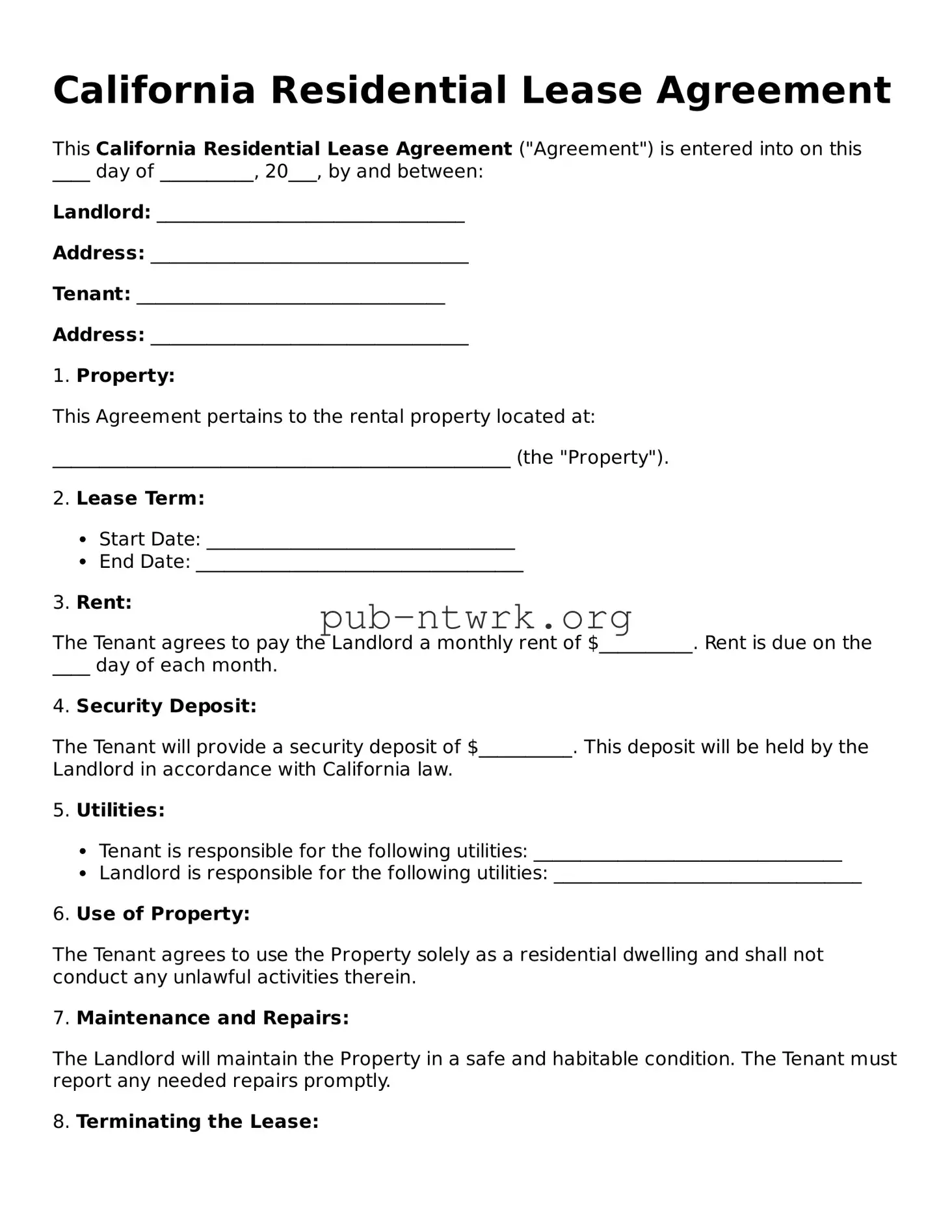 Free California Residential Lease Agreement Form