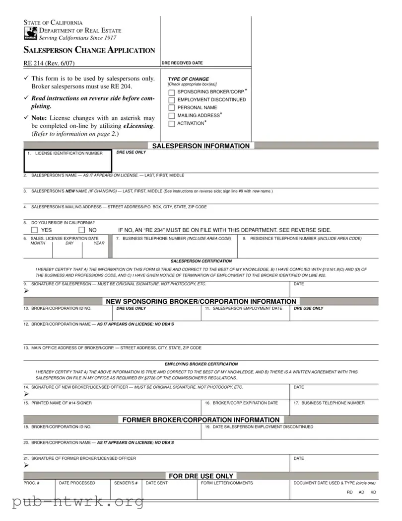 Blank California Re 214 PDF Form