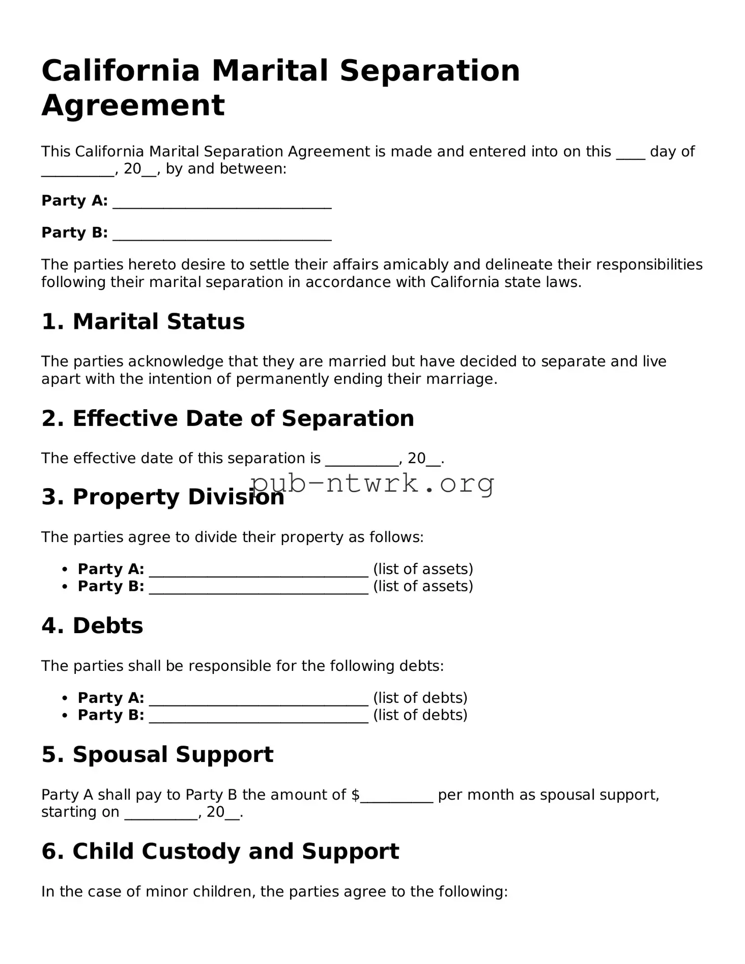 Free California Marital Separation Agreement Form