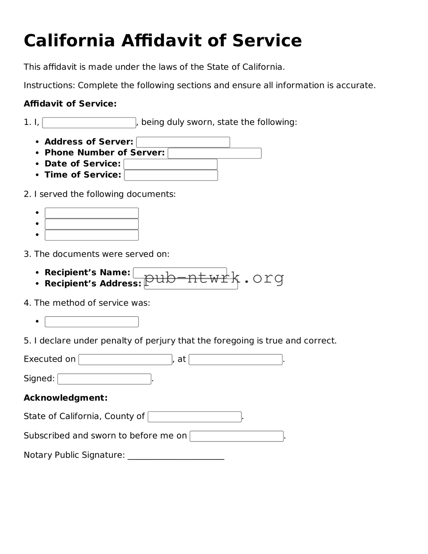 Free California Affidavit of Service Form