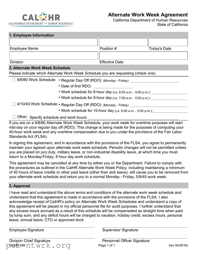 Blank California Work Week Agreement PDF Form