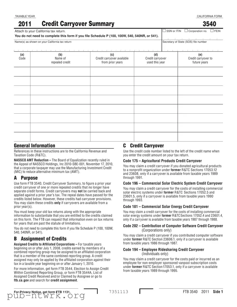 Blank California 3540 PDF Form