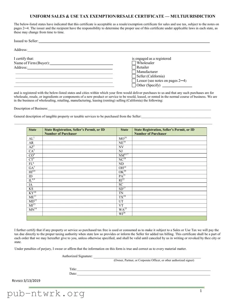 Blank California Sales Tax Certificate PDF Form