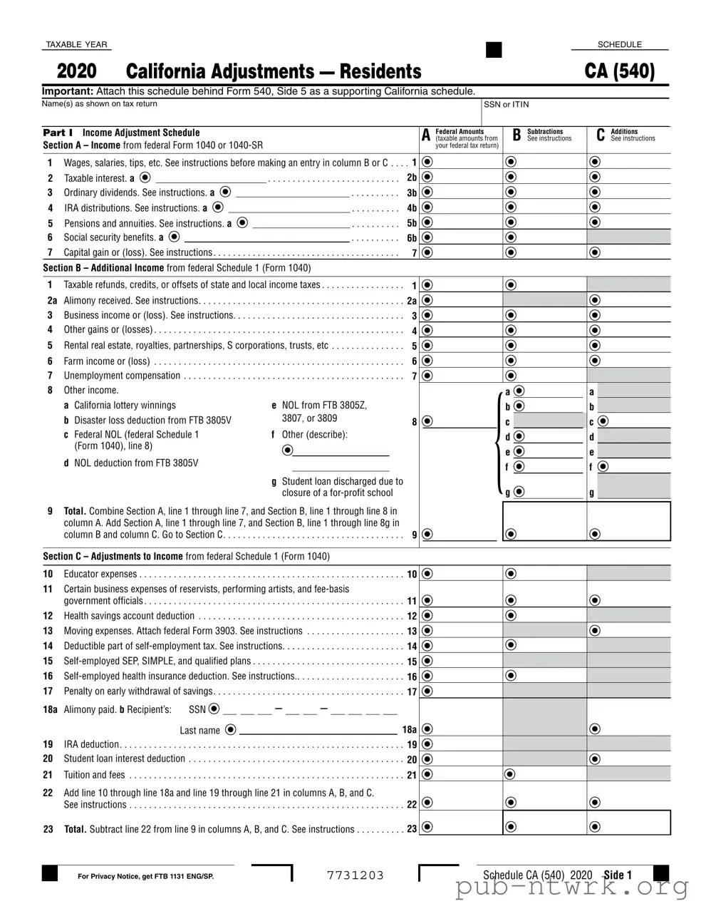 Blank Schedule California 540 PDF Form