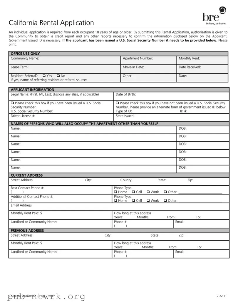 Blank California Rental Application PDF Form