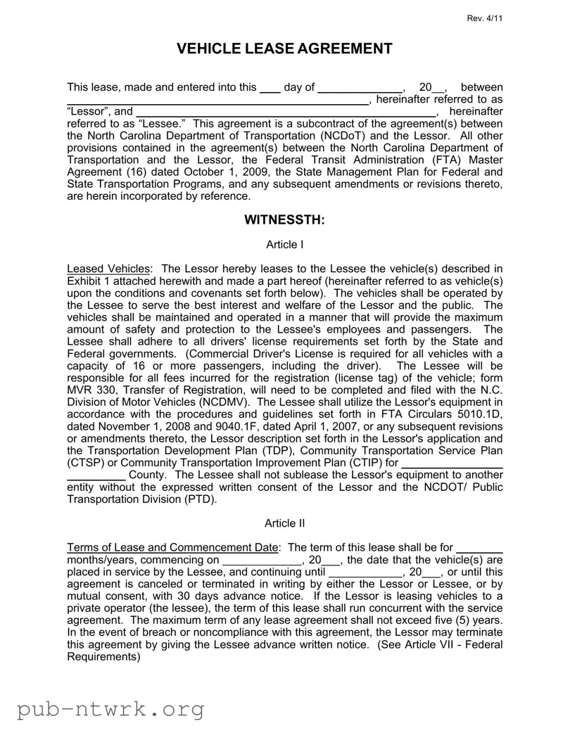 Blank Commercial Vehicle Lease Agreement PDF Form