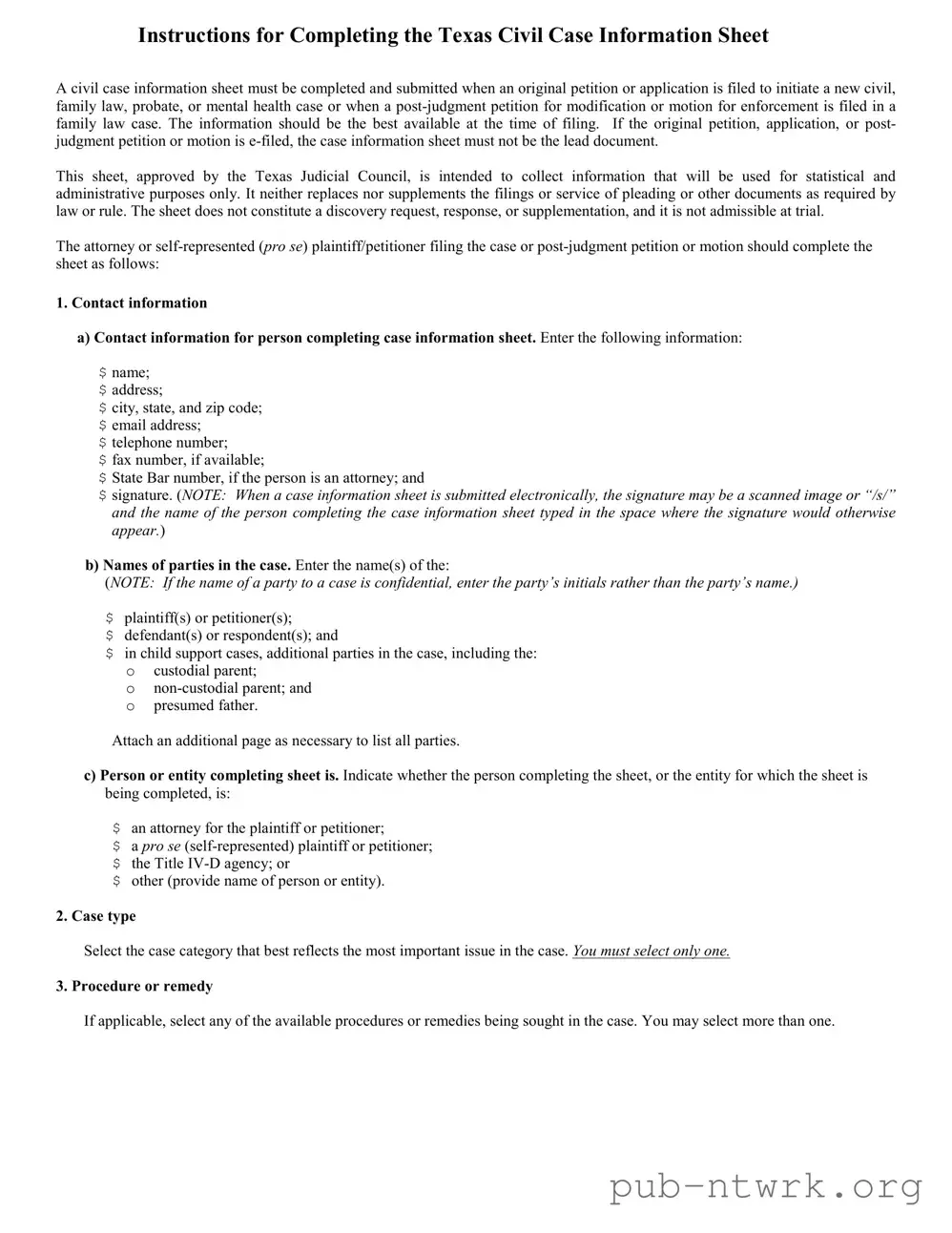 Blank Texas Civil Case Information Sheet PDF Form