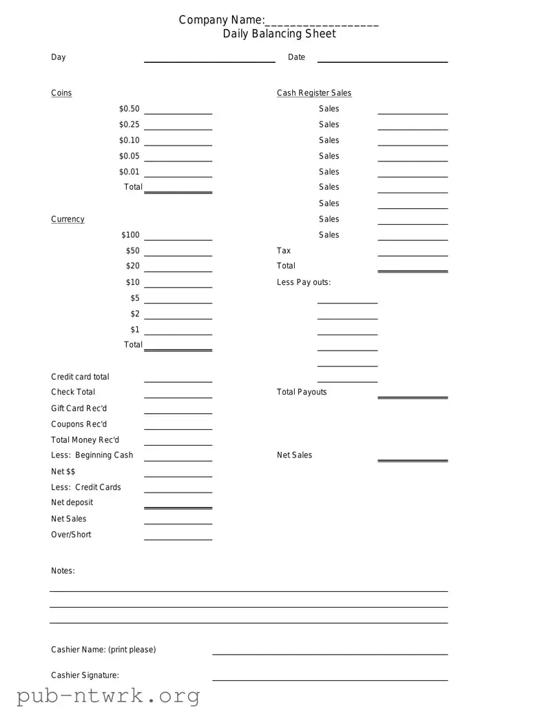 Blank Cash Drawer Count Sheet PDF Form