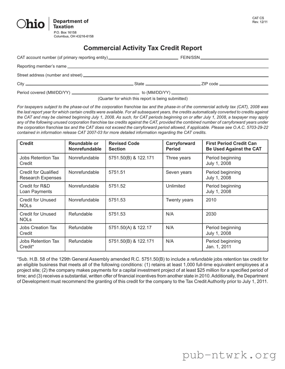 Blank Ohio Cat Cs PDF Form