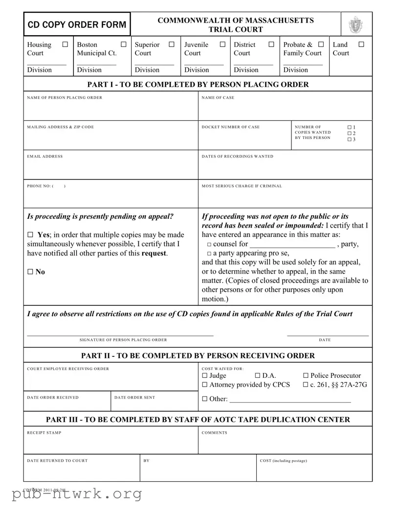 Blank Cd Copy Order Massachusetts PDF Form