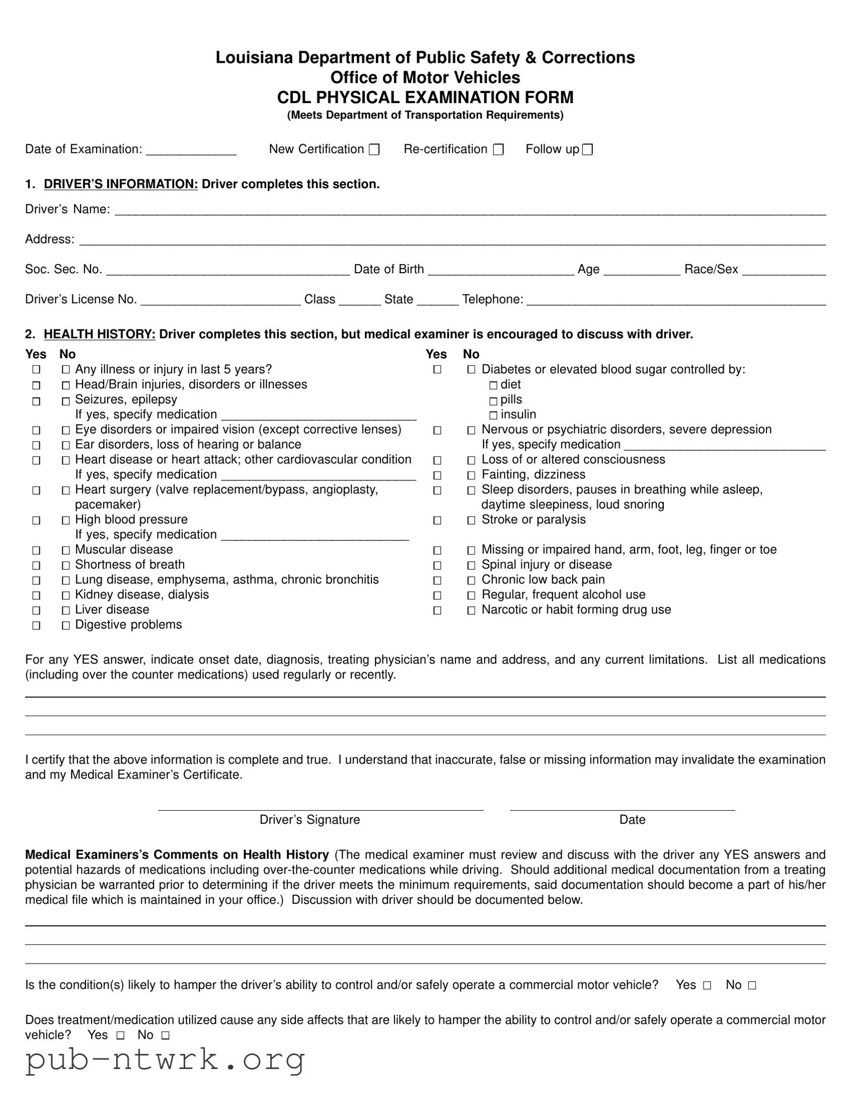 Blank Louisiana Cdl Physical PDF Form