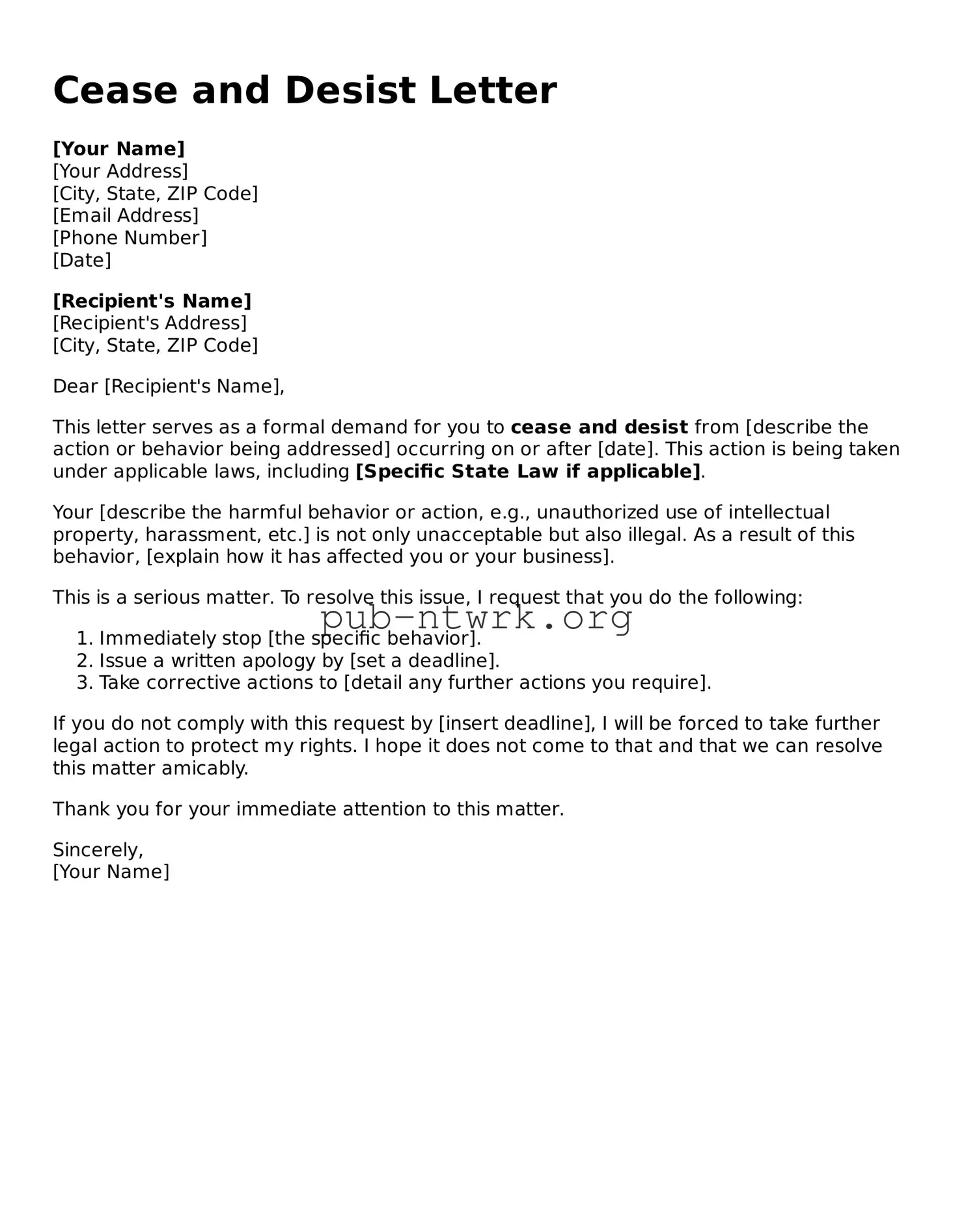 Legal Cease and Desist Letter Form