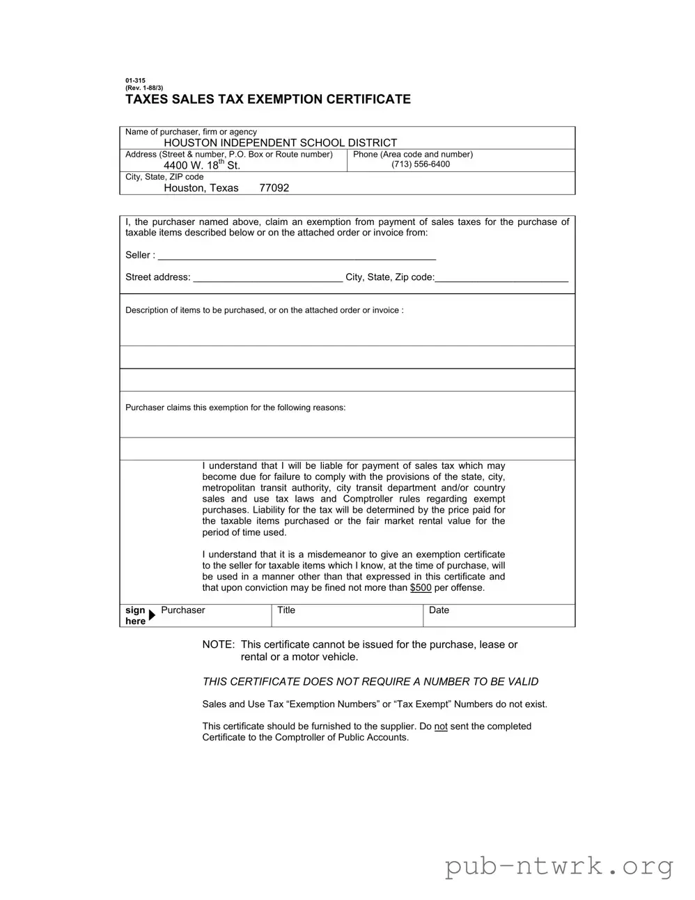 Blank Texas Sales Tax Exemption Certificate PDF Form