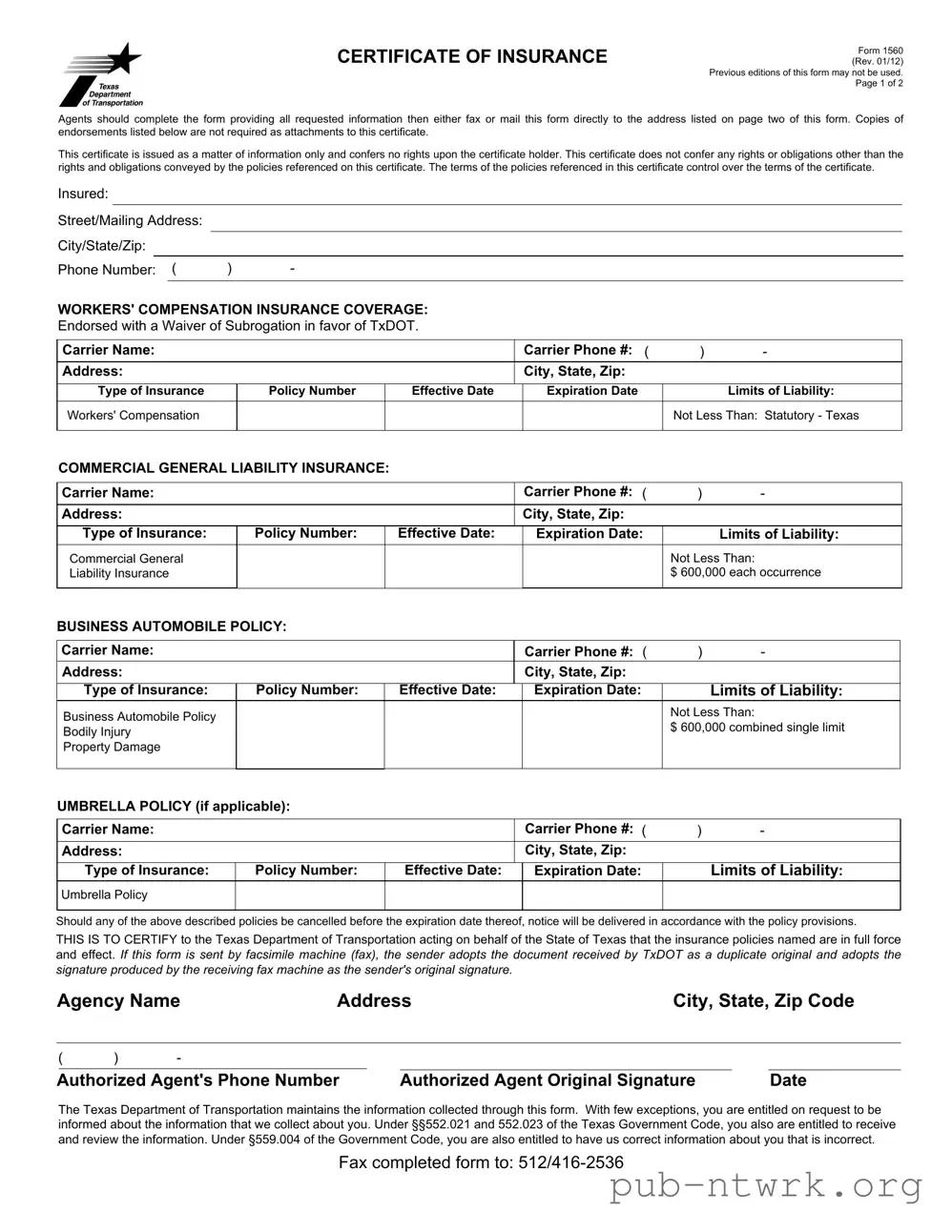 Blank Texas 1560 PDF Form