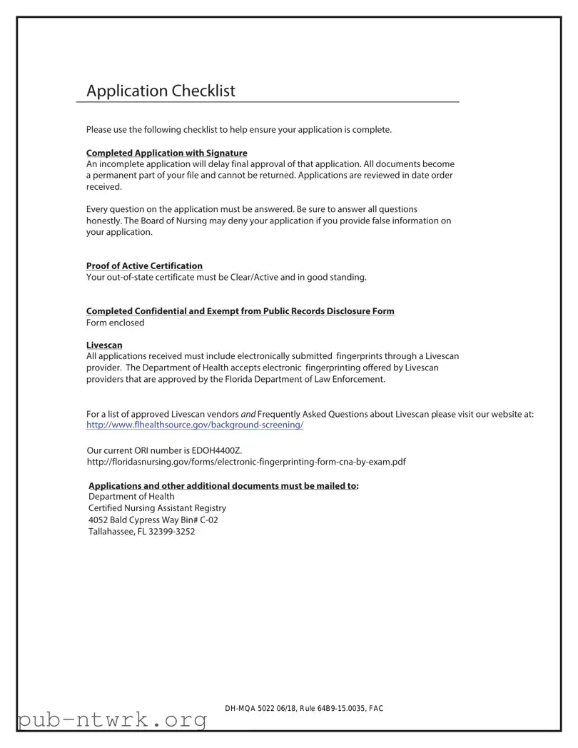 Blank Cna License To Florida PDF Form