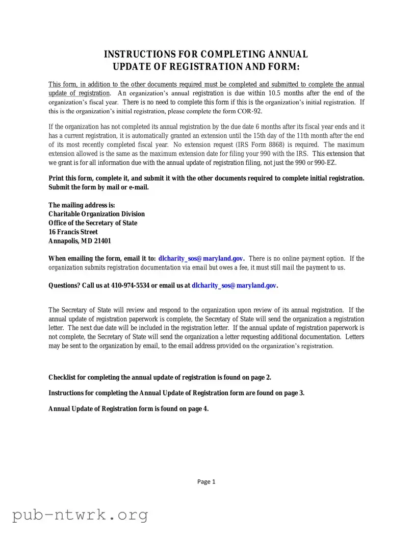 Blank Annual Update Of Registration Maryland PDF Form