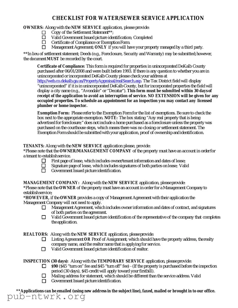 Blank Dekalb County Water Application PDF Form