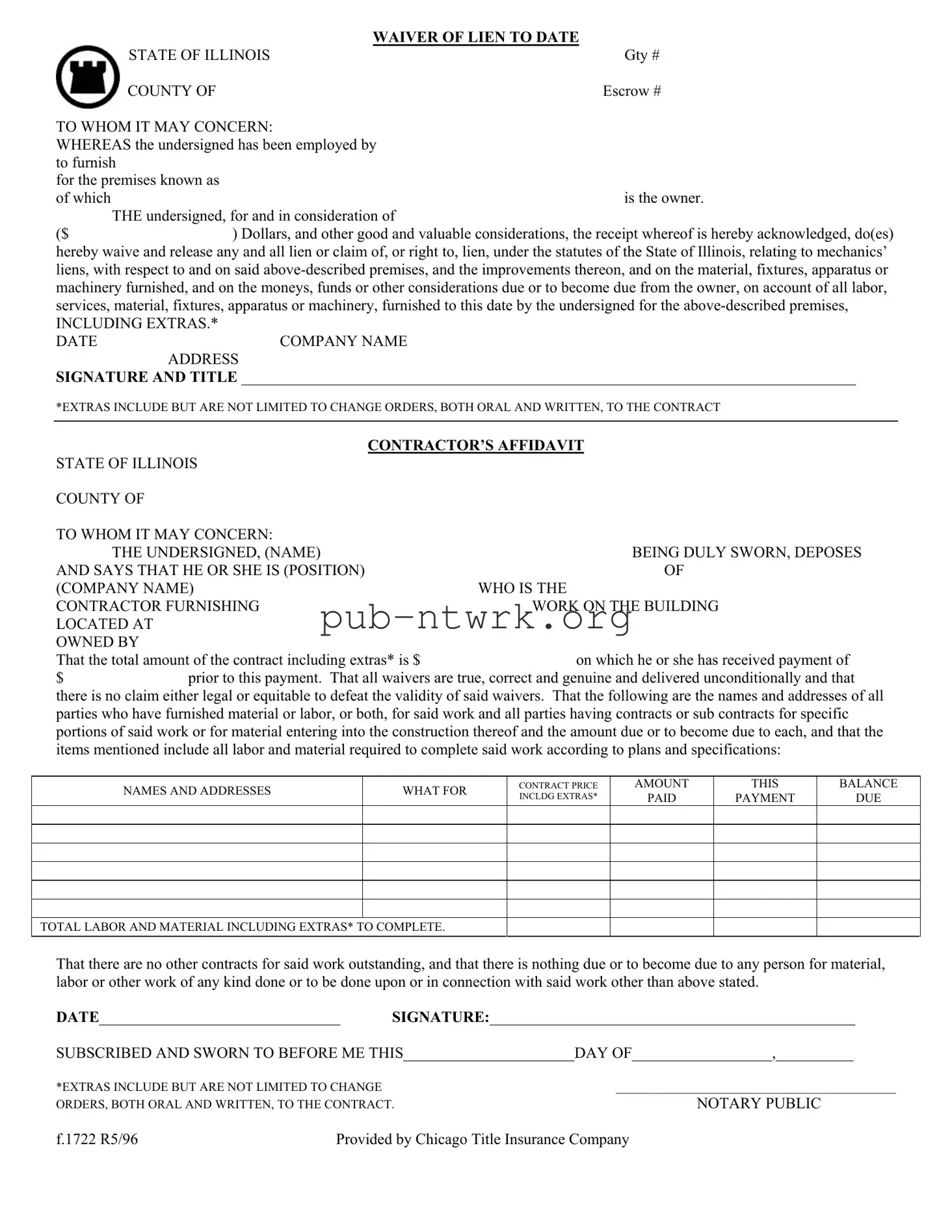 Blank Chicago Title Waiver Format PDF Form