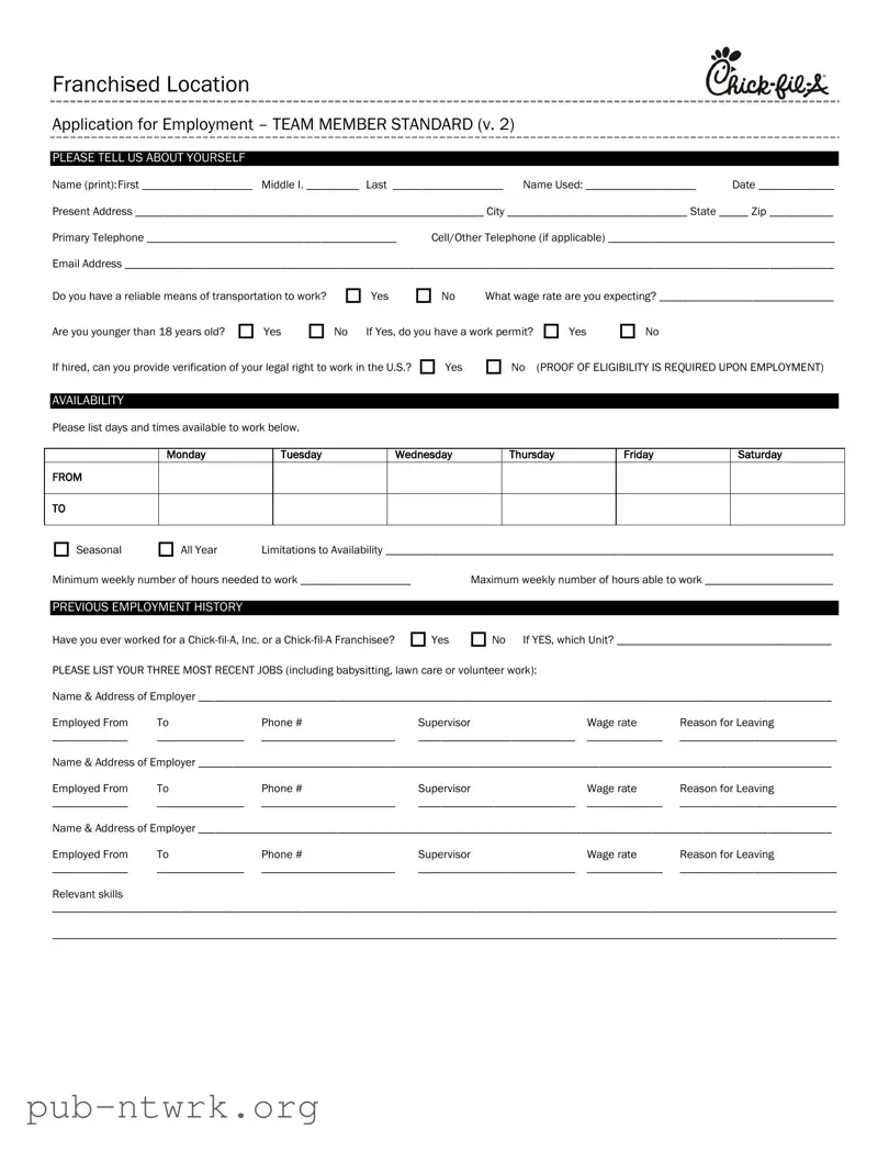 Blank Chick Fil A Job Application PDF Form