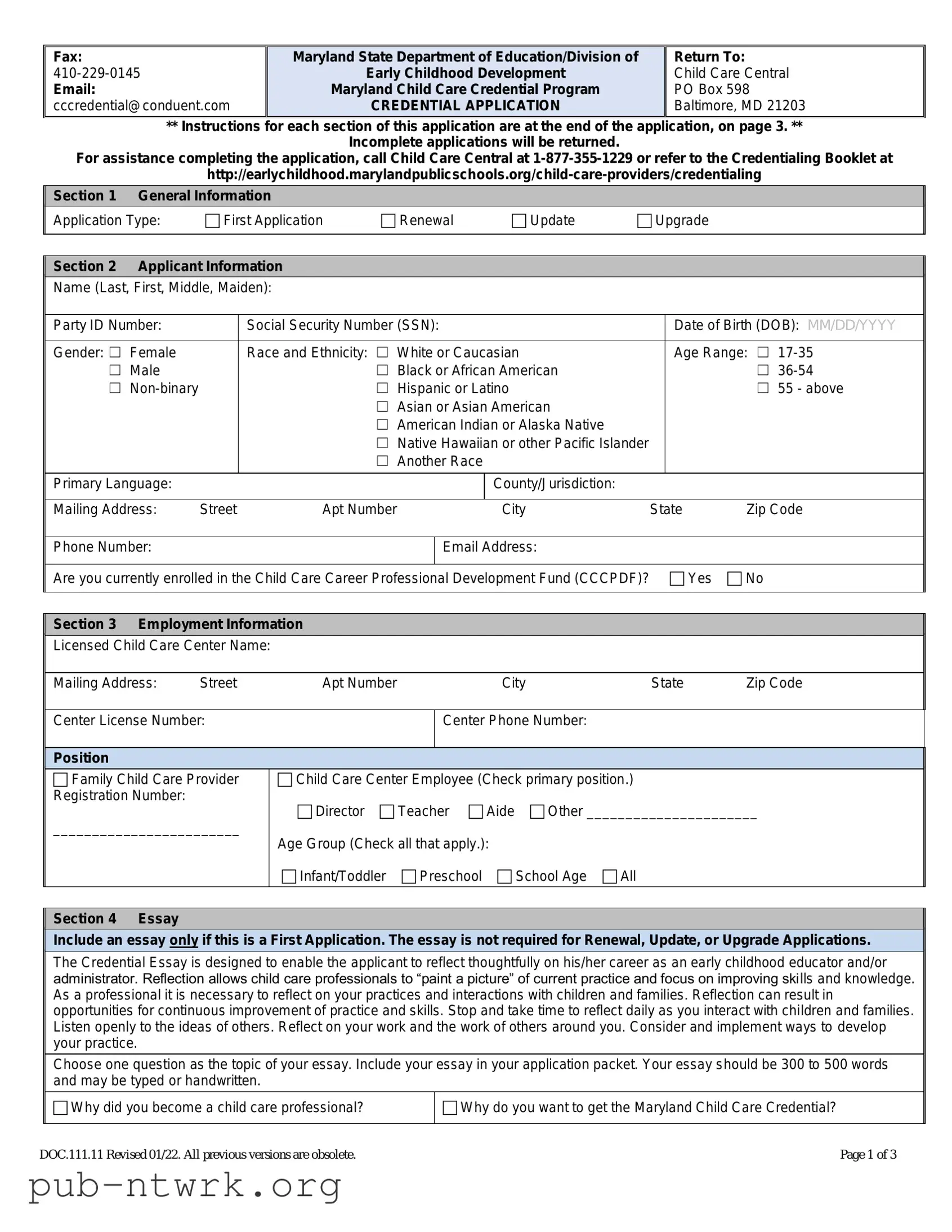 Blank Maryland Credentialing Application PDF Form