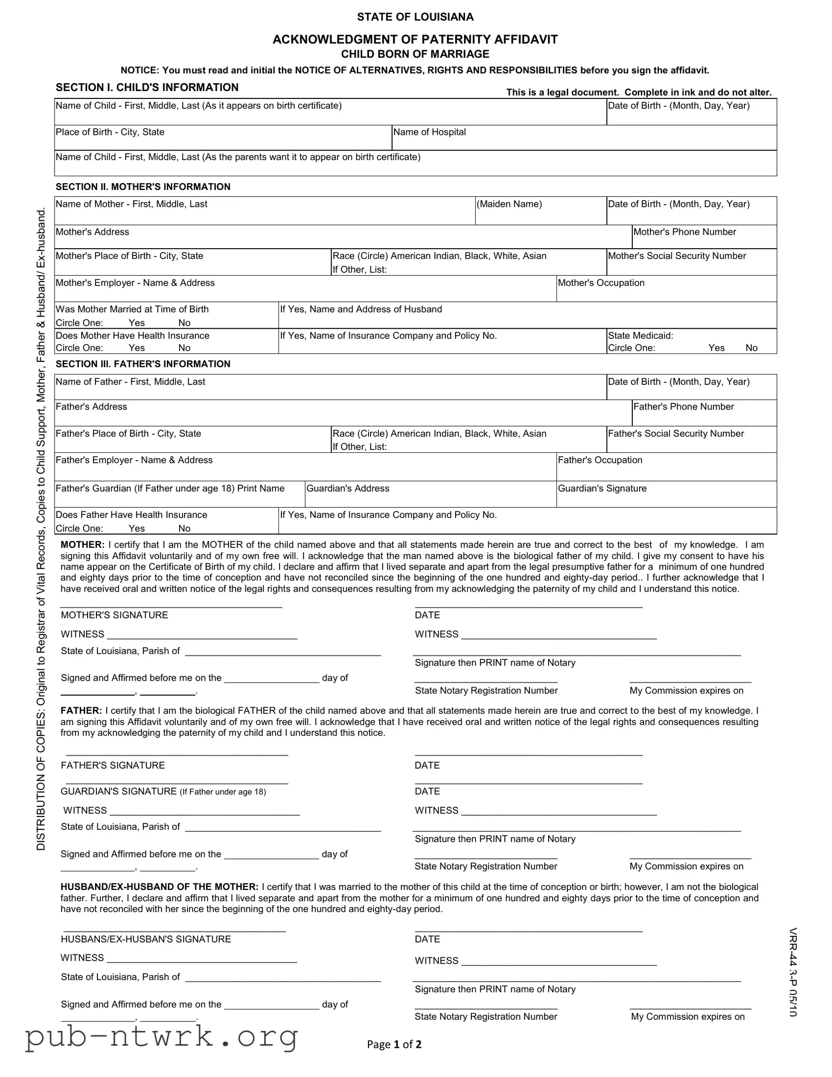 Blank Louisiana Paternity PDF Form