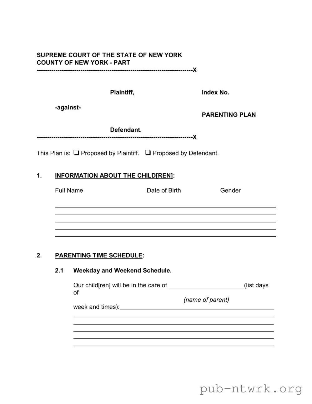 Blank New York Parenting Plan PDF Form