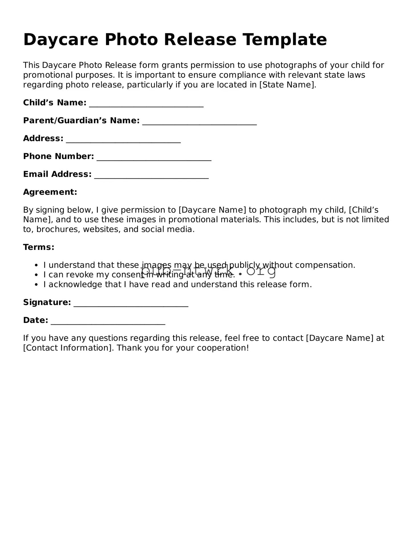 Legal Daycare Photo Release Form