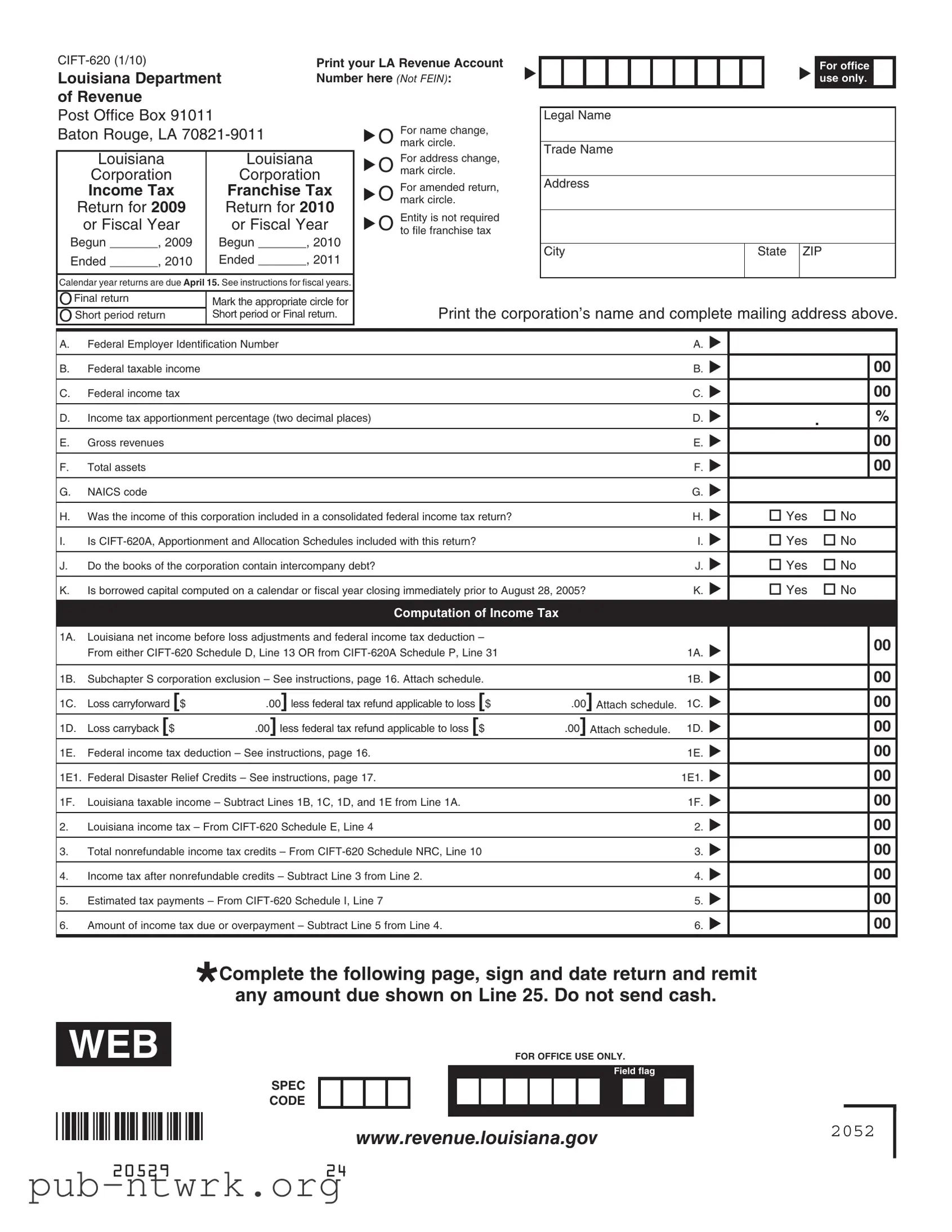 Blank Louisiana Cift 620 PDF Form