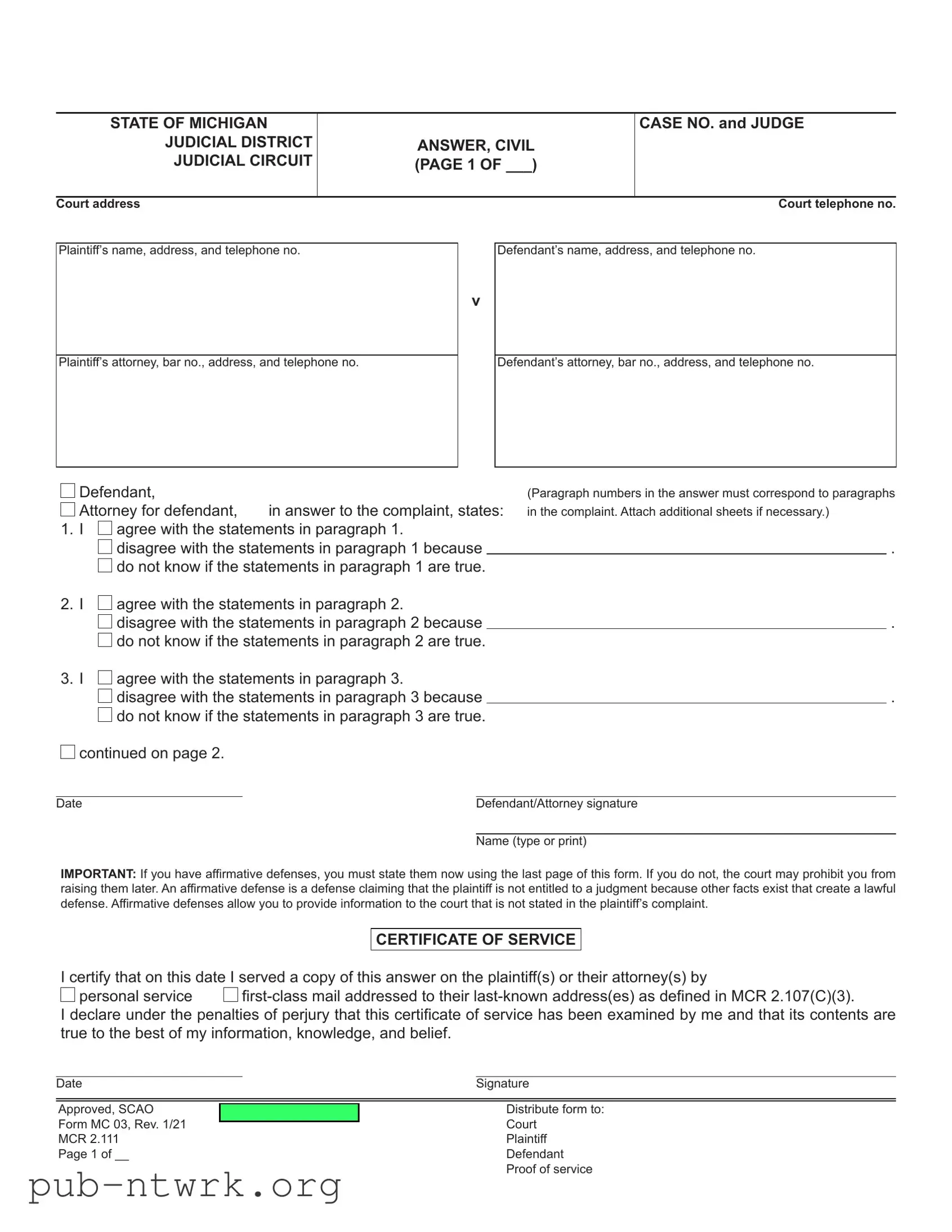 Blank Michigan Civil PDF Form