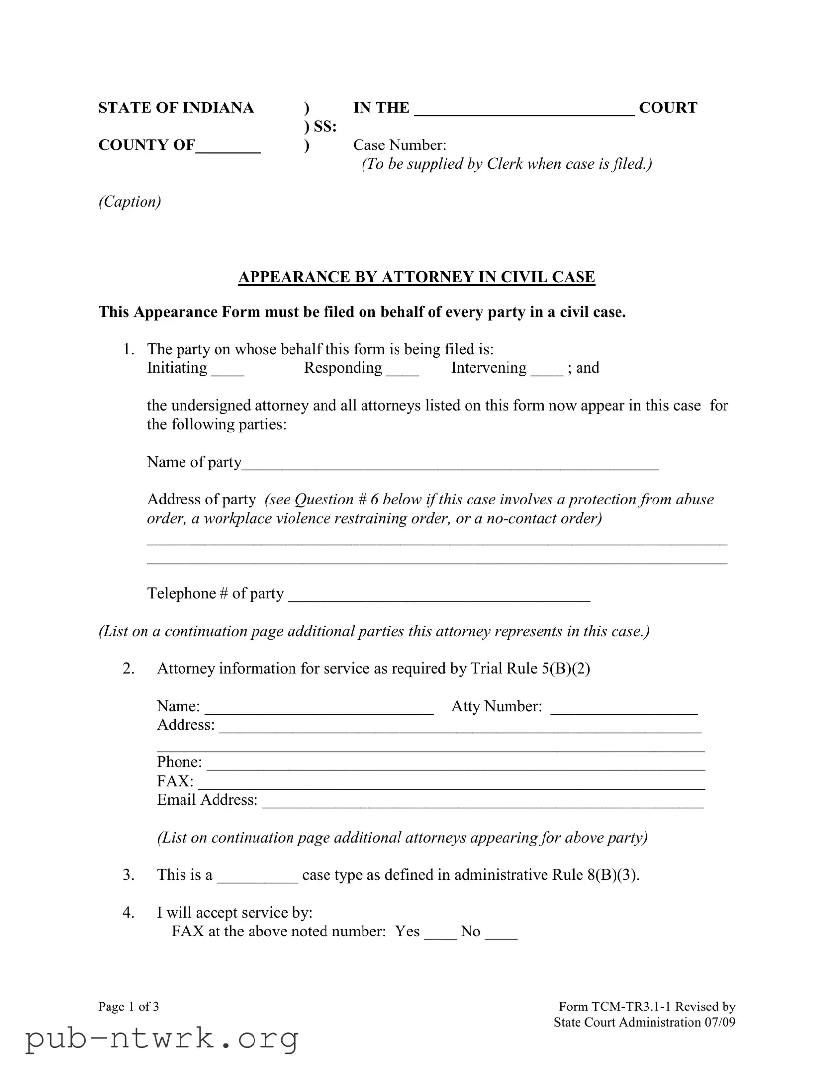 Blank Indiana Appearance PDF Form