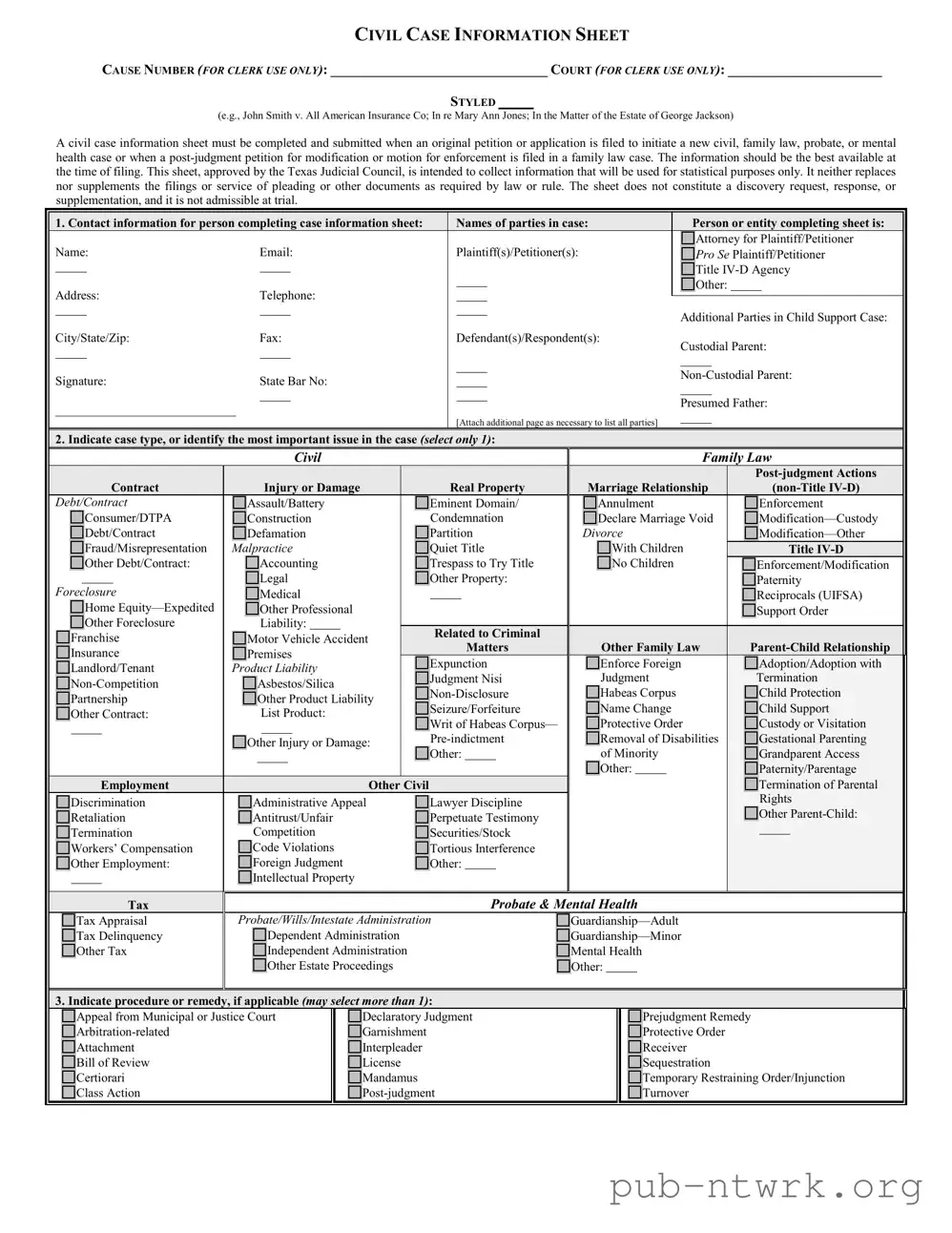 Blank Texas Civil Case PDF Form