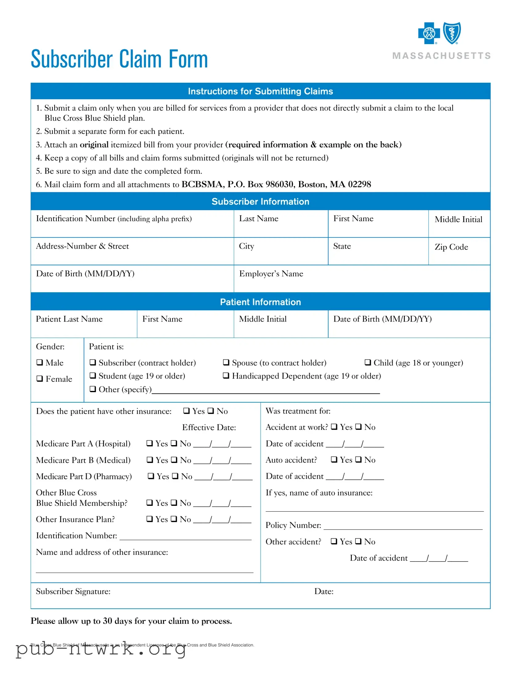 Blank Massachusetts Claim PDF Form