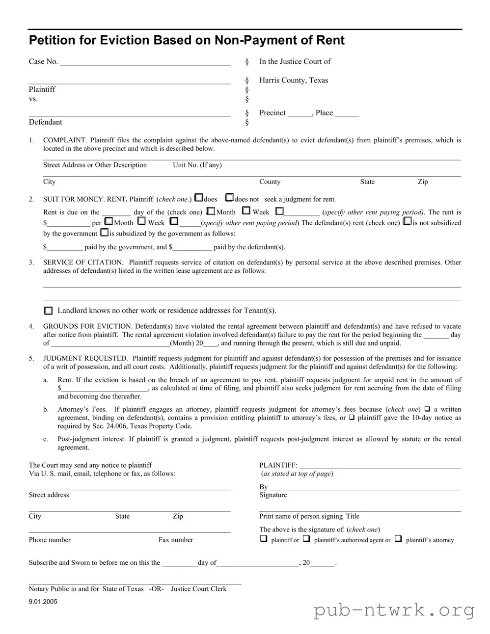 Blank Texas Petition Eviction PDF Form
