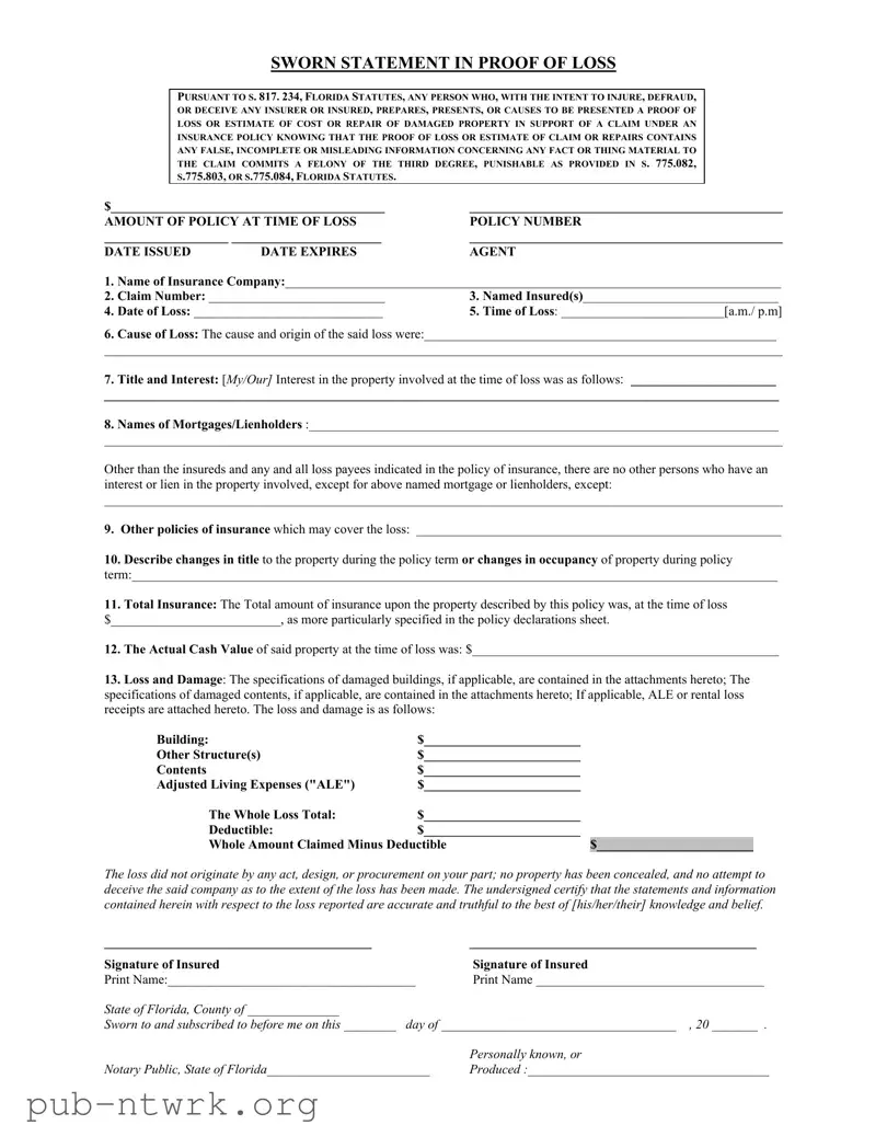Blank Florida Proof Loss PDF Form
