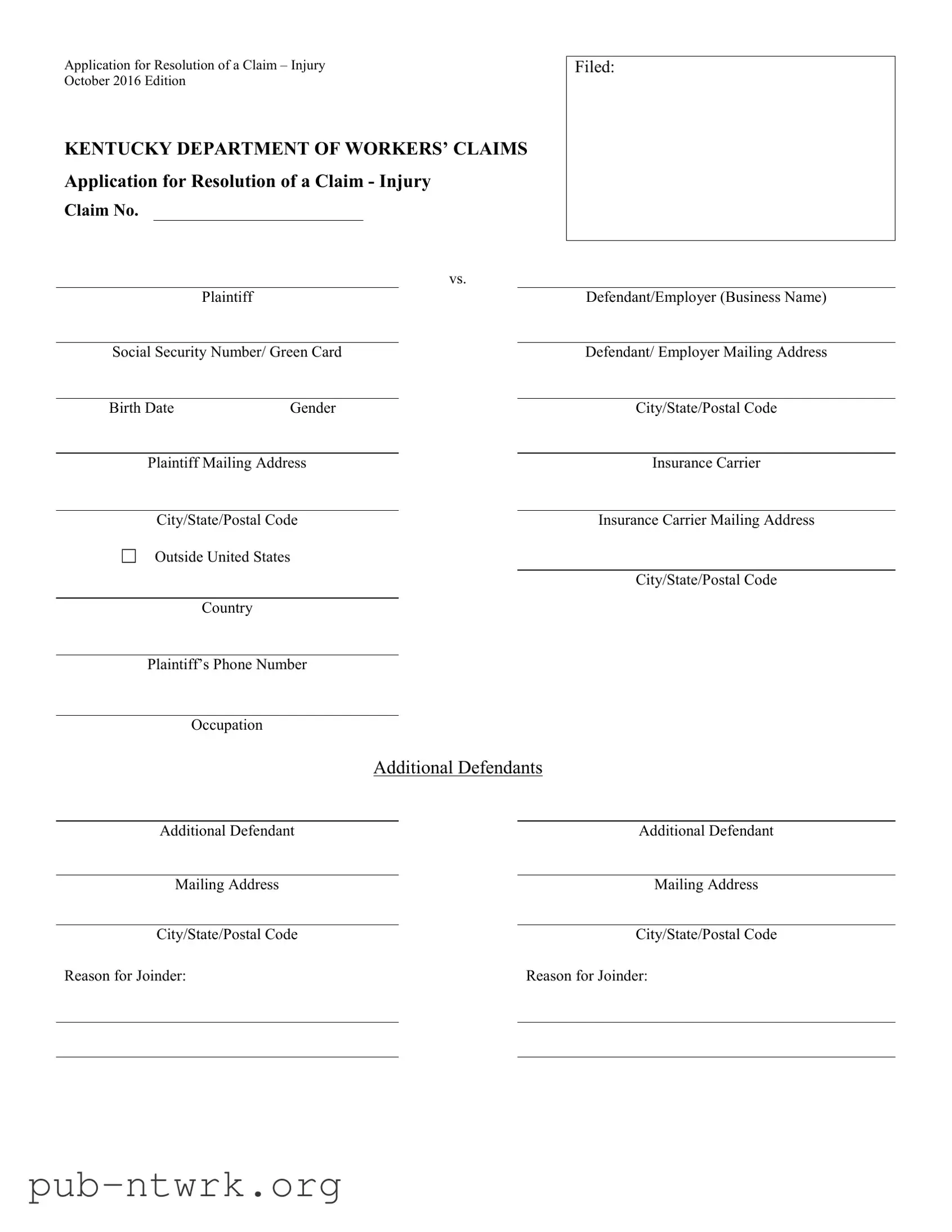Blank Kentucky 101 PDF Form