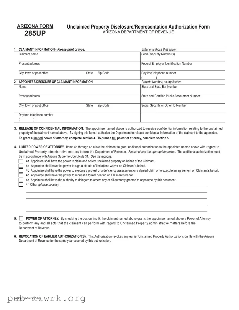 Blank Arizona 285Up PDF Form