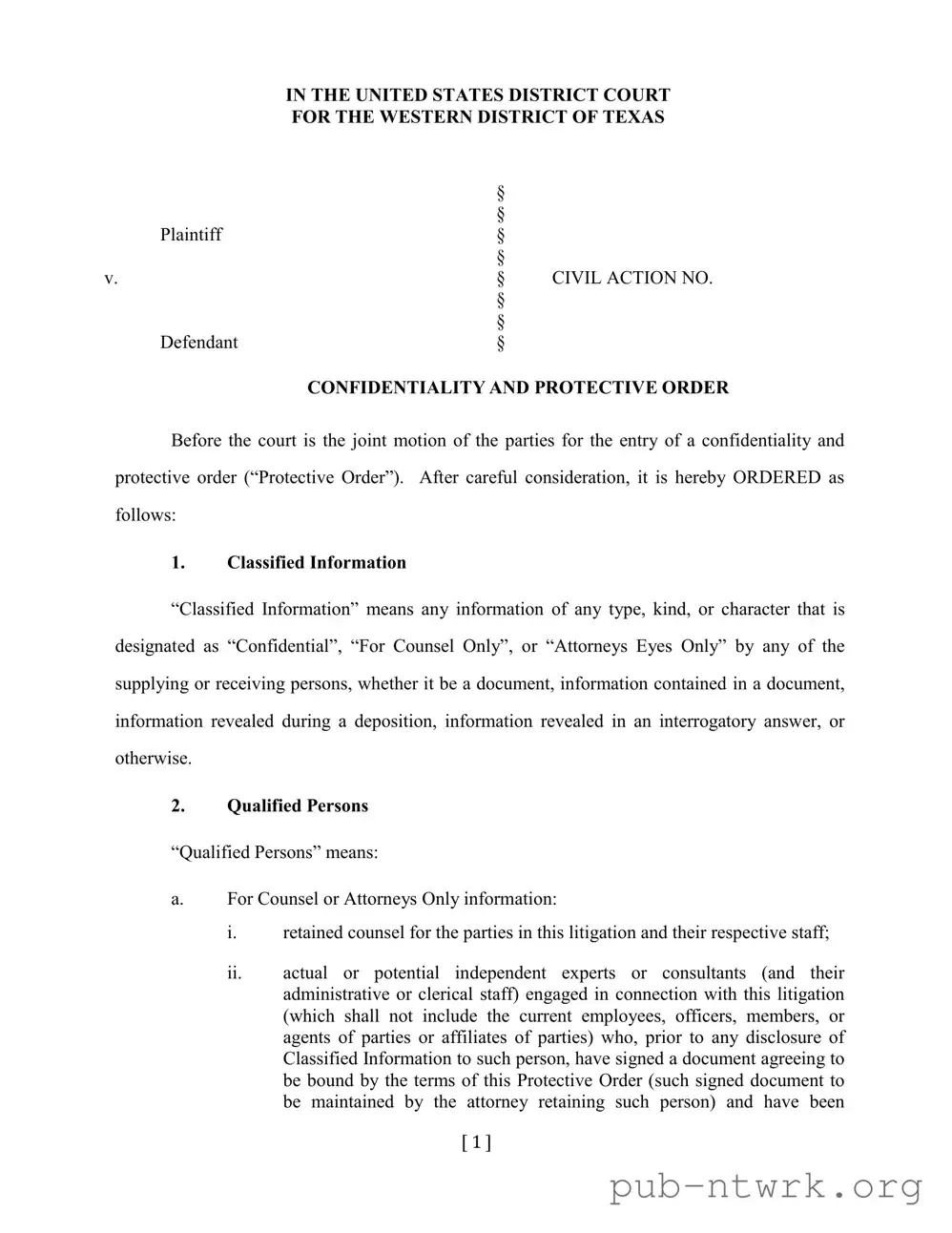 Blank Protective Order Western District Of Texas PDF Form