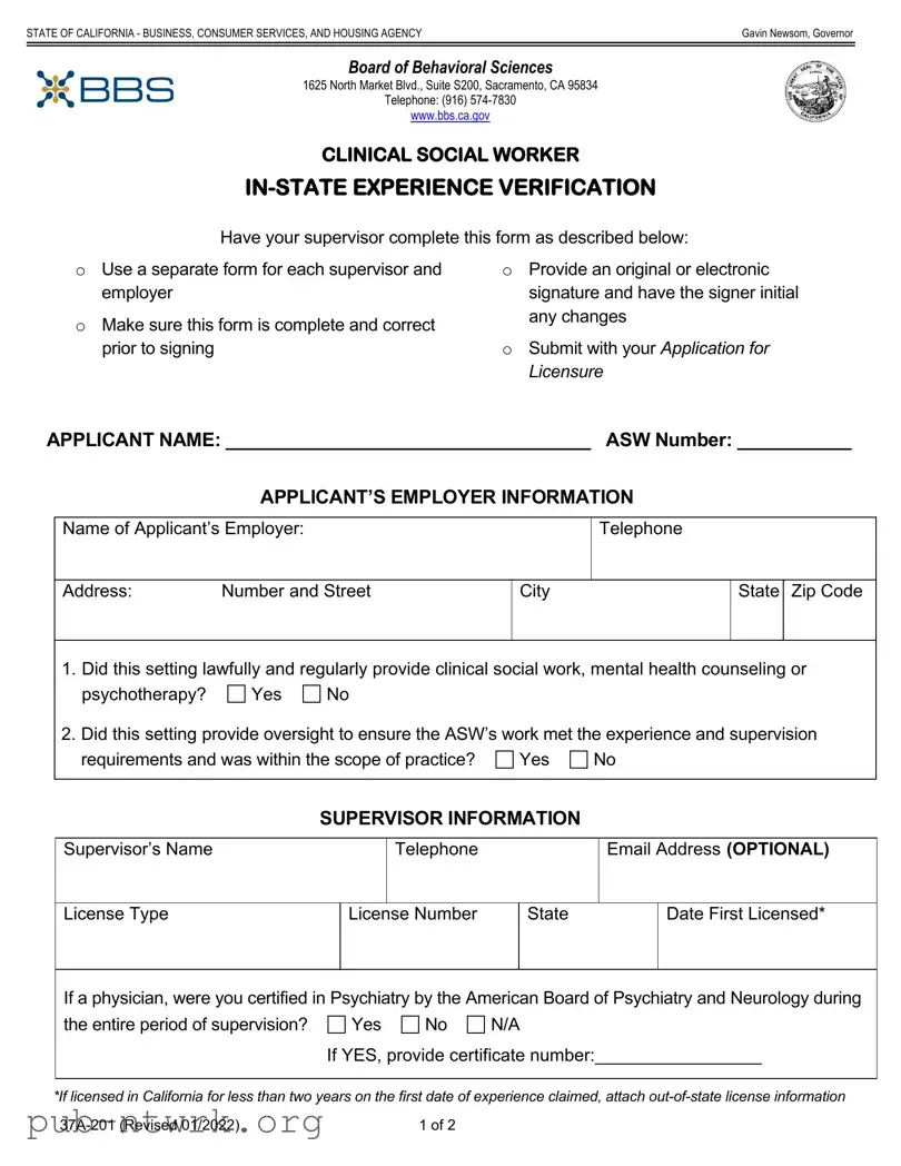 Blank Clinical Social Experience Verification PDF Form