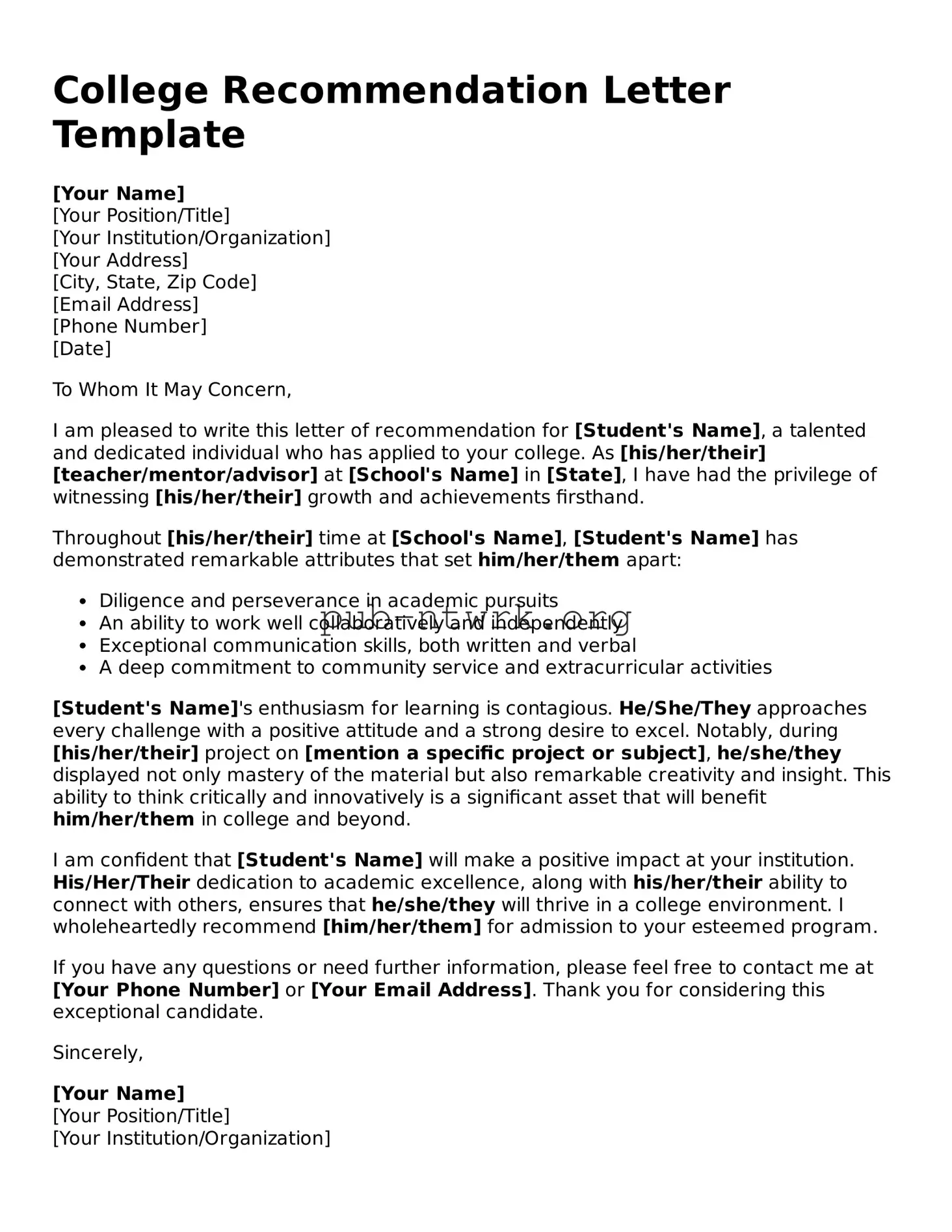 Legal College Recommendation Letter Form