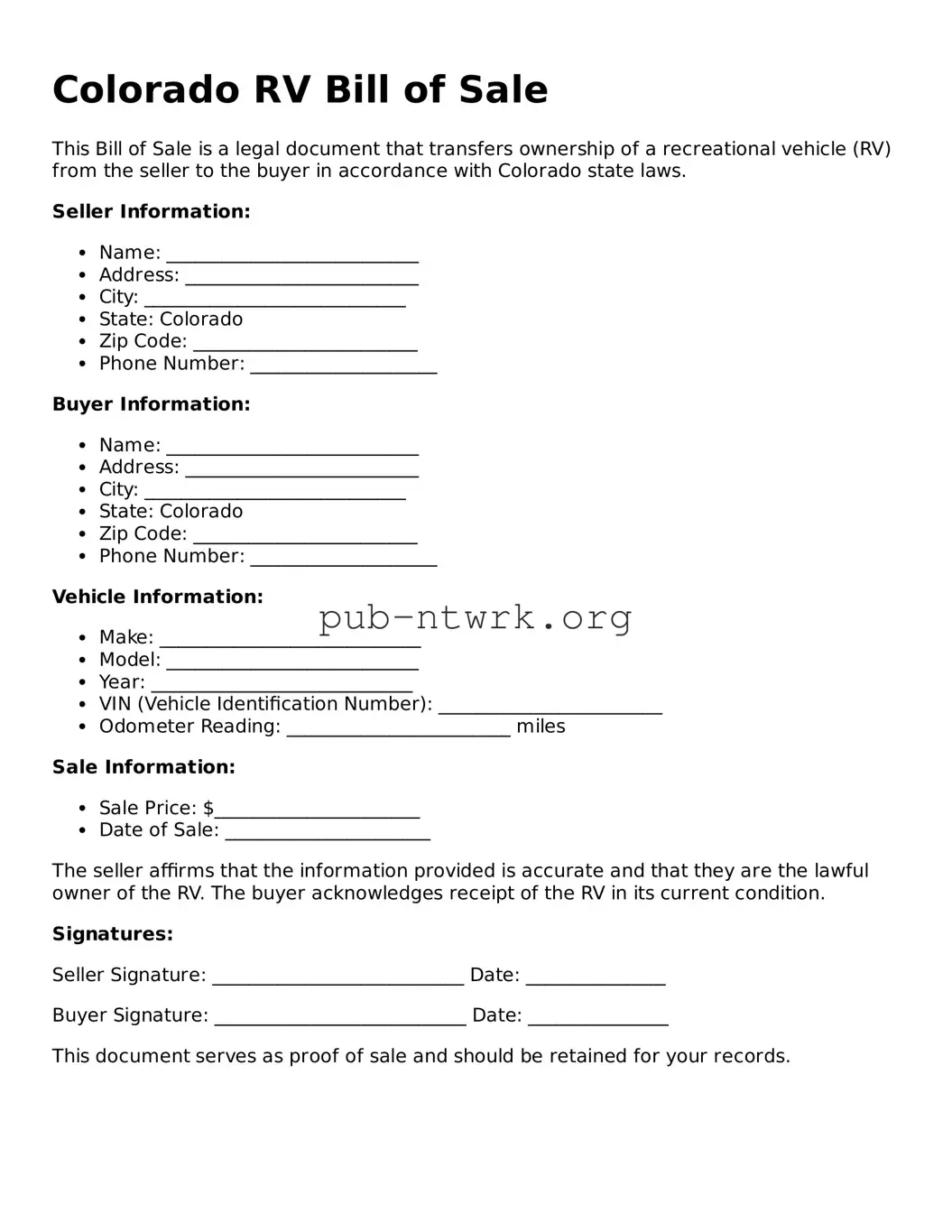 Free Colorado RV Bill of Sale Form