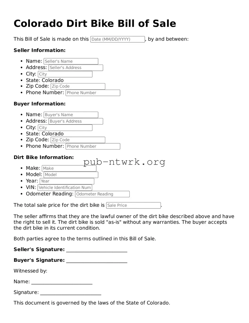 Free Colorado Dirt Bike Bill of Sale Form