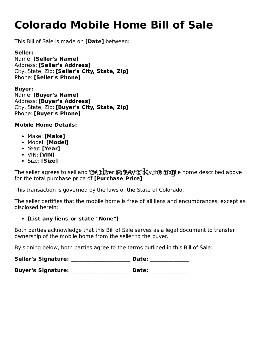 Free Colorado Mobile Home Bill of Sale Form