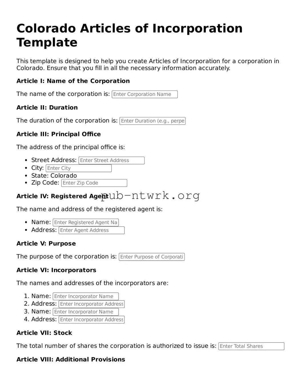 Free Colorado Articles of Incorporation Form