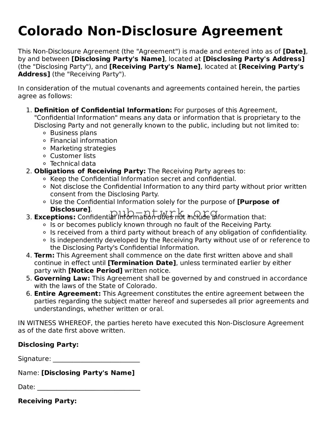 Free Colorado Non-disclosure Agreement Form