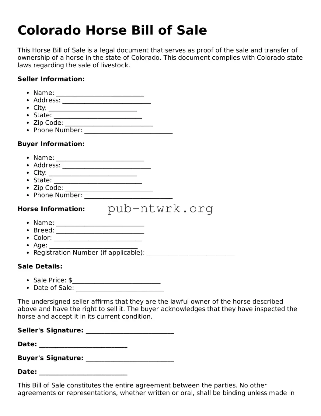 Free Colorado Horse Bill of Sale Form