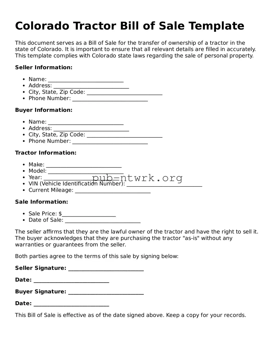 Free Colorado Tractor Bill of Sale Form